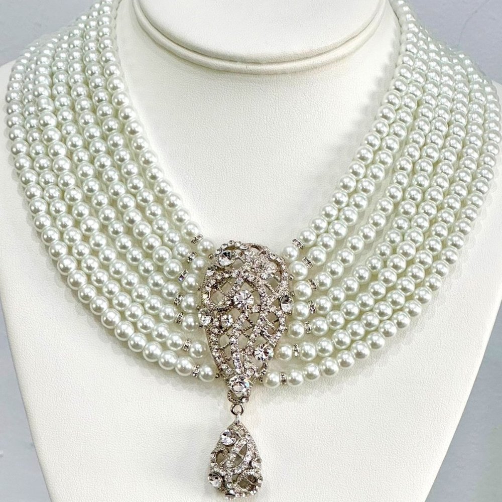 Royal!  Swarovski Pearls 7 row Necklace with large CZ center piece